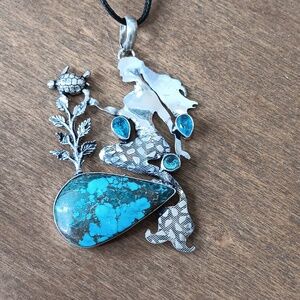 Turquoise gemstone mermaid pendant, silver plated